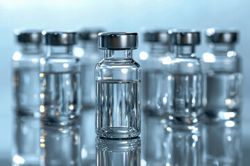 Sterile vials containing clear liquid with metallic caps arranged on reflective surface under soft lighting for medical or pharmaceutical use concept