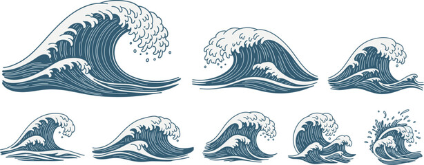 Ocean Waves Vector Illustration Set, Sea Waves, Japanese Wave Art, Surfing Elements, Marine Background