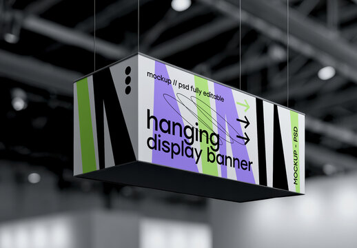 Rectangular Hanging Display Banner Mockup in Exhibition Space