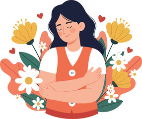 Woman Embracing Herself with Flowers Self-Love, Mental Health, Happiness Concept