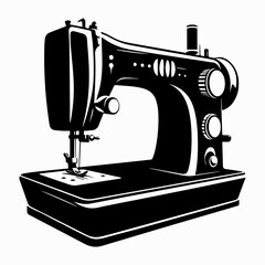 Black and white illustration of a retro mechanical sewing machine on a white insulated background. Vector graphics. EPS.