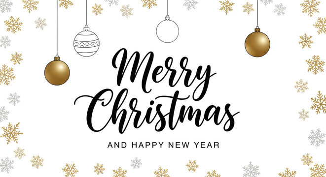 Elegant merry christmas and happy new year greeting with golden and silver snowflakes and baubles on a white background