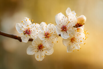 Delicate white blossoms on a slender branch with soft golden background highlighting nature?s early spring beauty and freshness in bloom