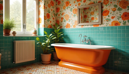 Orange bathtub sits in a bathroom with vibrant floral wallpaper and teal tiled walls. Potted green plants and a large window add life to the space.