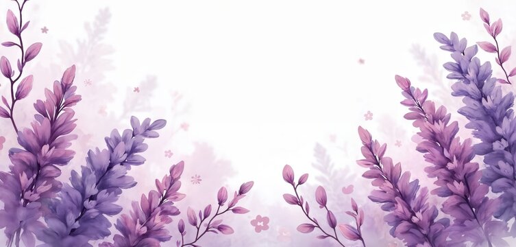 Watercolor floral art illustration. Purple flowers design on white backdrop. Artistic botanical background for invitation card print. Beautiful hand drawn flowers. Elegant artwork perfect for design.