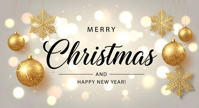 Elegant merry christmas and happy new year greeting card with golden glitter baubles and snowflakes on a blurred bokeh background, festive holiday season celebration - Powered by Adobe