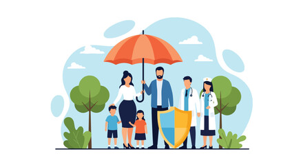 Flat vector illustration of family under umbrella for health insurance protection. Solid bright colors, no gradients, clean background, ideal for healthcare websites and brochures