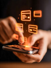 Person using a smartphone with holographic digital interface icons representing data management and communication technology in a dark setting