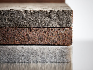 Three stacked rectangular textured fabric and stone blocks showcasing natural earthy tones and contrasting materials on reflective surface against a bright backgroun