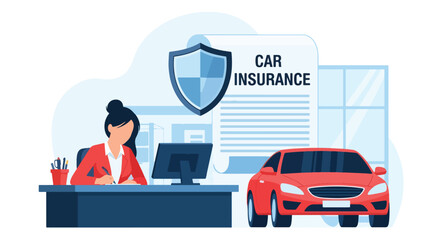 Flat vector of driver signing car insurance near protected vehicle and shield. Solid blue tones, no gradients, ideal for auto insurance websites and digital advertising use