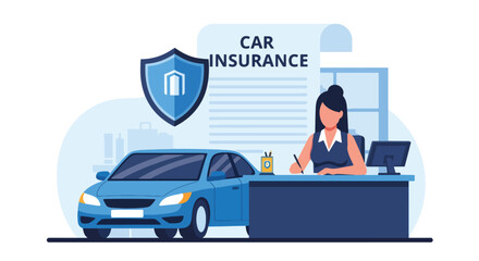 Flat vector of driver signing car insurance near protected vehicle and shield. Solid blue tones, no gradients, ideal for auto insurance websites and digital advertising use