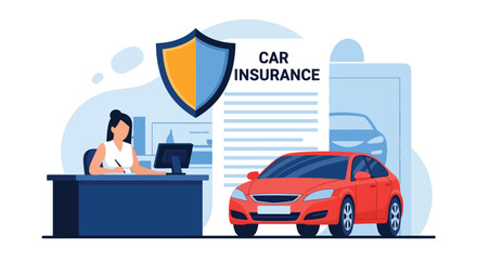 Flat vector of driver signing car insurance near protected vehicle and shield. Solid blue tones, no gradients, ideal for auto insurance websites and digital advertising use