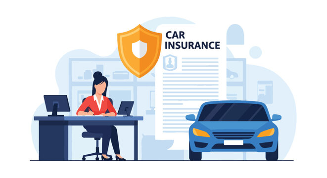 Flat vector of driver signing car insurance near protected vehicle and shield. Solid blue tones, no gradients, ideal for auto insurance websites and digital advertising use