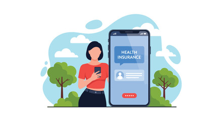 Flat vector illustration of person using health insurance mobile app with doctor icons.  ideal for UI concepts, fintech ads, and tech campaigns.