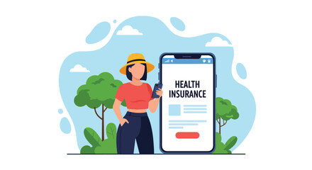 Flat vector illustration of person using health insurance mobile app with doctor icons.  ideal for UI concepts, fintech ads, and tech campaigns.