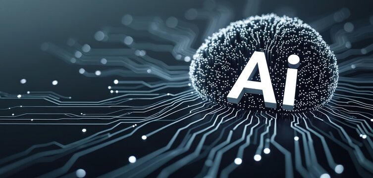 Abstract representation of artificial intelligence concept, digital brain with glowing circuits, data flow, neural network connections, future tech. AI processing information.