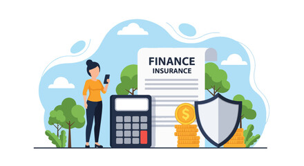 Flat vector of investor analyzing insurance documents with smartphone and calculator. ideal for banking dashboards and business infographics