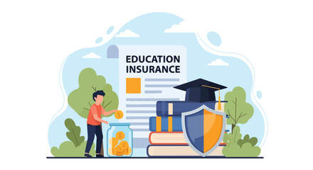 Flat vector kids investing for education insurance under shield. Solid bright palette. ideal for finance blogs, school websites, and educational infographics