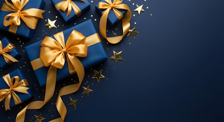 Festive arrangement of dark blue gift boxes with golden ribbons and bows, scattered with sparkling gold stars on a matching dark blue surface, ideal for holiday gifting