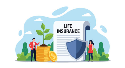 Flat vector plant growing from coins under shield showing life insurance growth. Solid green palette, no gradients, ideal for finance campaigns and savings illustrations
