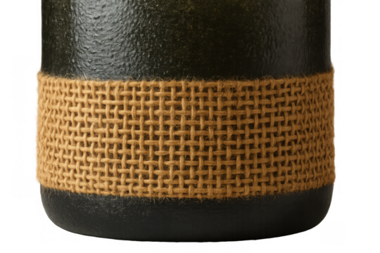 Burlap texture wrapping dark object, detailed natural weave pattern with rustic brown fibers, craft material design