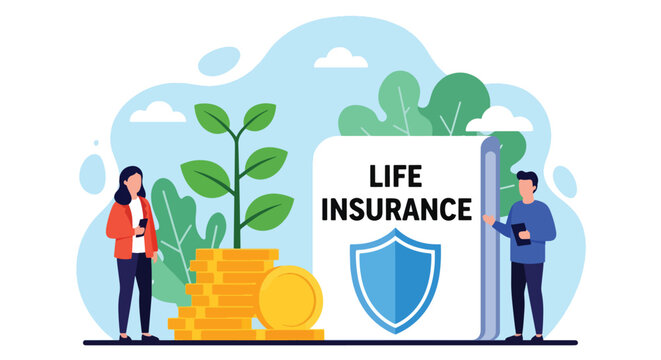 Flat vector plant growing from coins under shield showing life insurance growth. Solid green palette, no gradients, ideal for finance campaigns and savings illustrations