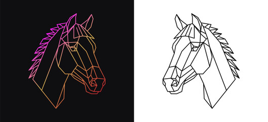 Abstract polygon horse head (minimal low poly line art) on white and black background. Triangular geometric outline of Equine for 2026 Year of the Horse. Zodiac sign for tattoo, emblem, designs.