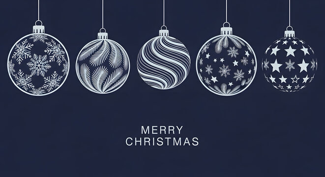 Minimalist christmas ornament design featuring five hanging baubles with intricate snowflake and star patterns on a dark navy blue background with merry christmas text