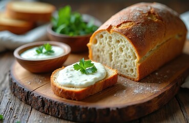 Whole loaf of fresh baked bread sits on wood board. Slice with white spread and parsley is ready to eat. Wooden bowls hold cream cheese and green herbs for dipping.