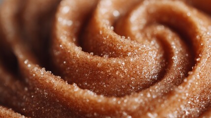 Textured swirl of cinnamon infused body polish, showcasing rich brown hues and sparkling sugar crystals, creating an inviting and luxurious skincare experience