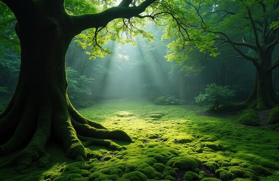Mysterious forest glade covered in green moss. Sun rays beam through tree canopy in foggy woods. Large ancient tree with powerful roots creates magical, peaceful landscape. Enchanted woodland scene