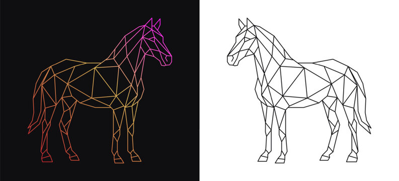 Standing geometric low poly horse formed with linear triangular polygons on white background. Vector outline for 2026 Year of Horse. Lunar zodiac sign, polygonal tattoo, geometric logo, abstract art