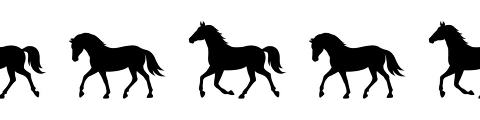 Seamless border of running horse silhouettes in continuous motion. Black vector equine pattern for 2026 Year of the Horse. Animal Zodiac design, decoration, banner, trim, repeating horizontal strip.