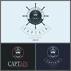 Captain sailor seaman face head ship wheel silhouette logo set vintage design template