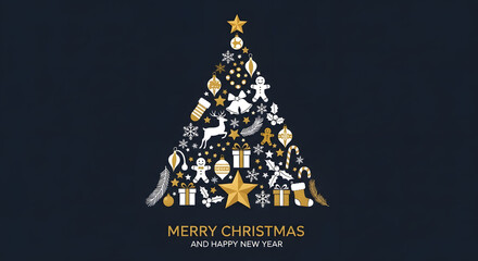 Christmas tree shape made of various festive icons like gingerbread man, reindeer, gifts, and stars on a dark blue background
