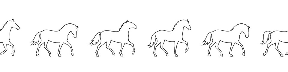 Horizontal seamless pattern of linear galloping horse silhouettes. Black outline equine strip in motion for 2026 Year of the Horse. Endless border line for zodiac projects, repeat design, border decor