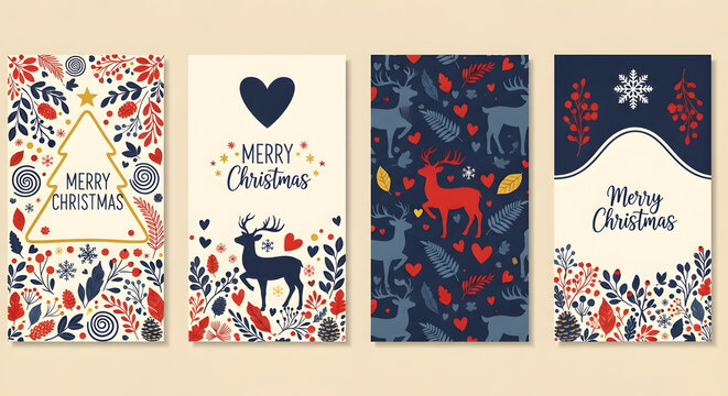 Collection of four festive christmas greeting card designs with floral and deer motifs