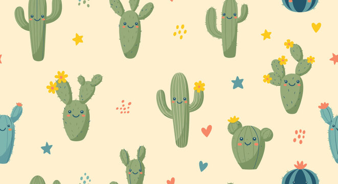 Cute cactus pattern background design with smiling cacti and desert plant illustration for kids design