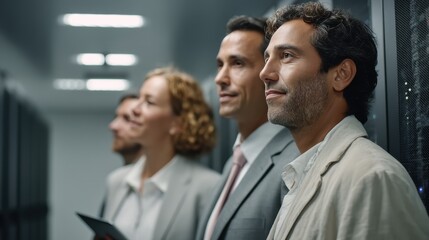 Engineers in server room with diagnostics tablet