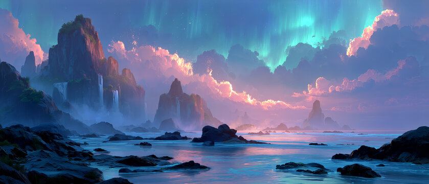 Towering cliffs and cascading waterfalls meet glowing sea under a starry dusk sky, filled with vibrant clouds and aurora light.
