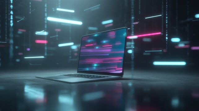 Laptop with glowing abstract screen in dark minimalist digital background