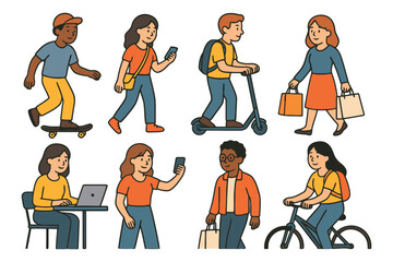 Diverse group of young people engaged in modern activities and transportation