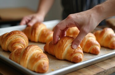 Hand picks golden croissant from baking tray. Freshly baked french pastries arranged on metal sheet. Delicious crispy baked goods ready for breakfast.