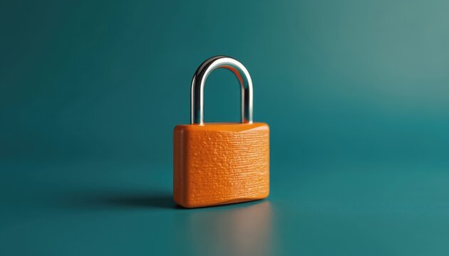 Single orange padlock isolated on teal surface. Metal shackle gleams against textured body. Security, protection, privacy, access control. Private data safety concept. Private secure storage idea.