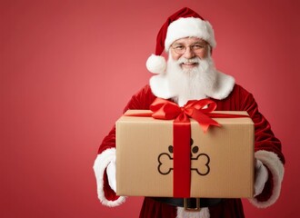 santa claus with big gift box for dog or pets. a cardboard gift box with a red ribbon and bone icon on clean red background