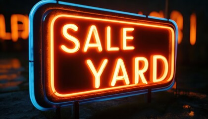 Vibrant neon sale yard sign glowing brightly at night in a retro style