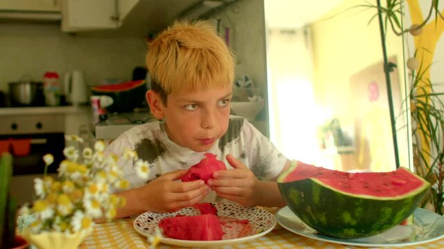 white boy devouring juicy watermelon slices, messy hands and bright grin, summer kitchen energy, impulsive bite and seed