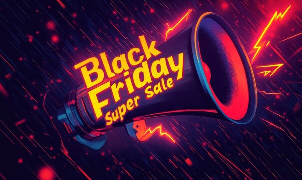 Vibrant Black Friday super sale megaphone illustration with electrifying lightning effects and dynamic design