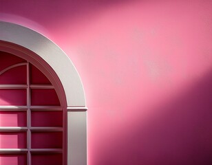 Minimalist Cropped Arch Window on a Bright Pink Wall with Sunlight and Shadow