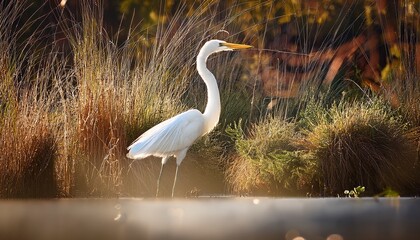 Fototapeta premium Great Egret Standing At Edge Of Marsh